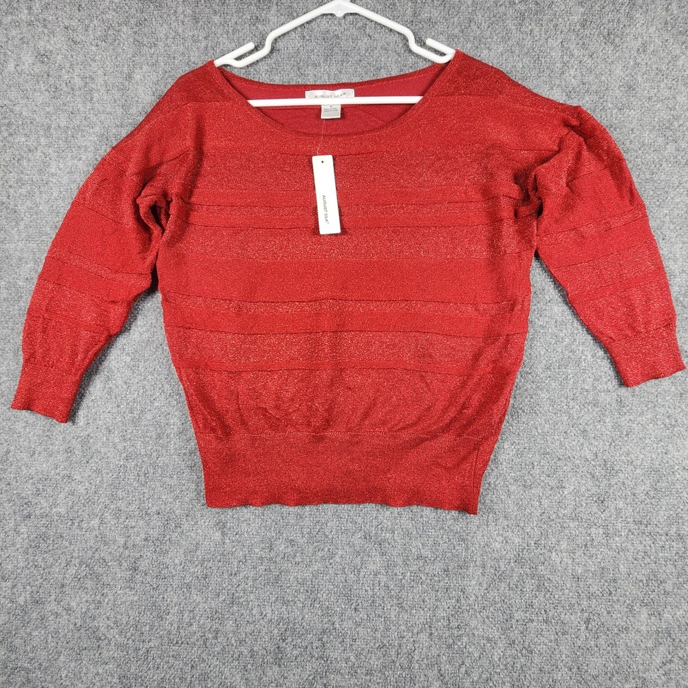 August Silk Red Shimmer Metallic Knit Sweater Boat Neck 3/4 Sleeve NWT Medium
